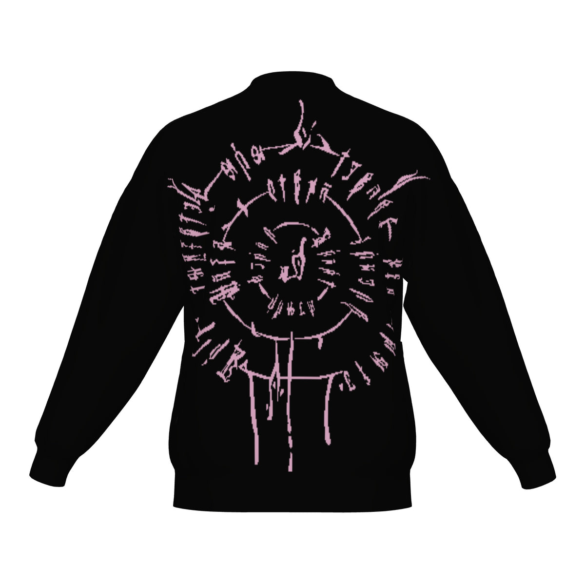 Back of the BG3 Astarion inspired infernal runes knitted bomber jacket in black with lilac infernal runes