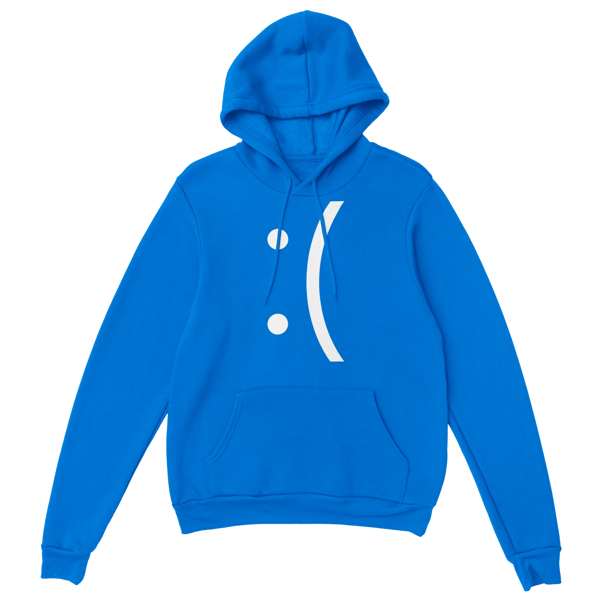 A blue hoodie features a white sad face emoticon referencing the Blue Screen of Death error message.