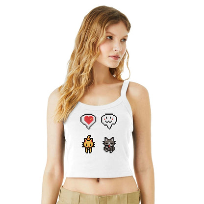 A woman wears a white Stardew Cats tank top featuring pixel art of cats and hearts.