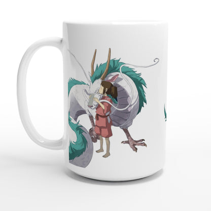 The mug depicts Chihiro embracing a white dragon, Haku, inspired by Studio Ghibli's Spirited Away.