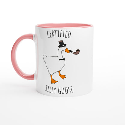 Mug with a goose illustration and text on a white background
