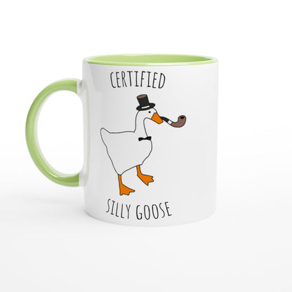 Mug with a goose illustration and text on a white background