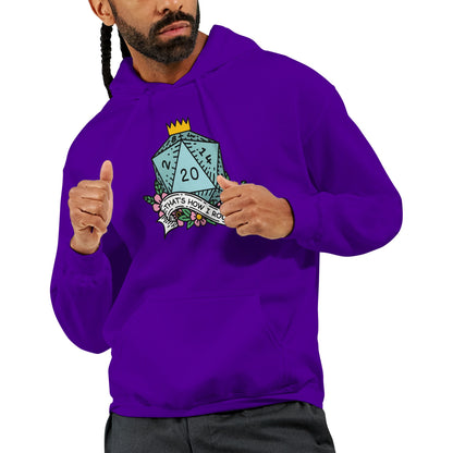 A man wearing a purple D&D hoodie displays a graphic of a D20 die with floral accents and the phrase "That's How I Roll.