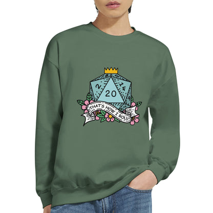 A person wearing a Gildan® 18000 crewneck sweatshirt featuring a D20 die graphic with "That's How I Roll" printed on a banner below it.