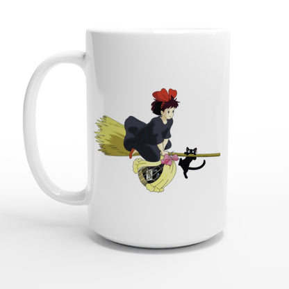 The white mug depicts Kiki from Kiki's Delivery Service riding a flying broomstick with her cat Gigi.
