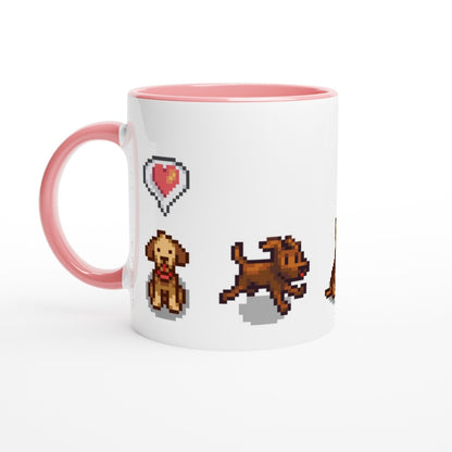 A white mug with a pink handle features pixel art of dogs from Stardew Valley alongside a heart icon.