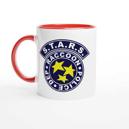 White mug with red interior and handle featuring the S.T.A.R.S. logo on a white background