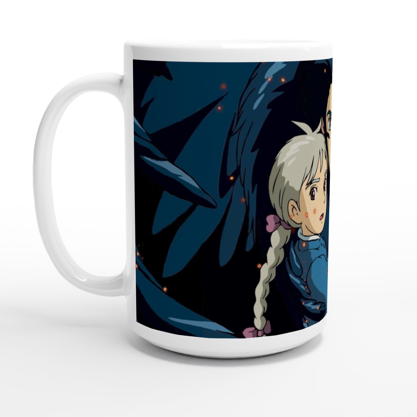 A white mug displays a Studio Ghibli-inspired design featuring dark Howl and Sophie from Howl's Moving Castle against a blue background with scattered yellow dots.