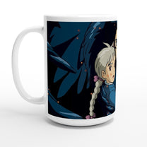 A white mug displays a Studio Ghibli-inspired design featuring dark Howl and Sophie from Howl's Moving Castle against a blue background with scattered yellow dots.