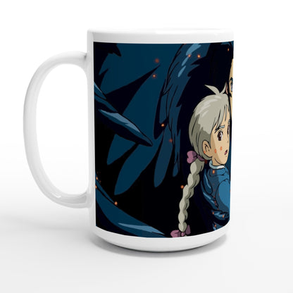 A white mug displays a Studio Ghibli-inspired design featuring dark Howl and Sophie from Howl's Moving Castle against a blue background with scattered yellow dots.