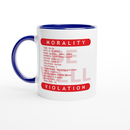 A white ceramic mug features a red band at the top and bottom displaying "Morality" and "Violation," respectively, along with details resembling a Morality Violation Ticket from the movie Demolition Man.