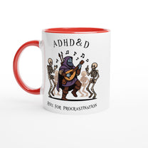 A white mug with red interior and handle features a cartoon illustration of a D&D bard playing music for dancing skeletons, along with the words "ADHD & D" and "Roll For Procrastination.