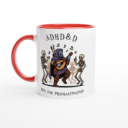 A white mug with red interior and handle features a cartoon illustration of a D&D bard playing music for dancing skeletons, along with the words "ADHD & D" and "Roll For Procrastination.