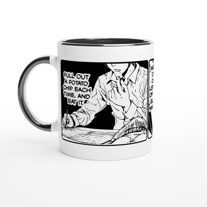 A black and white ceramic mug displays a comic panel referencing the Deathnote anime featuring text about potato chips and an illustration of Light Yagami.