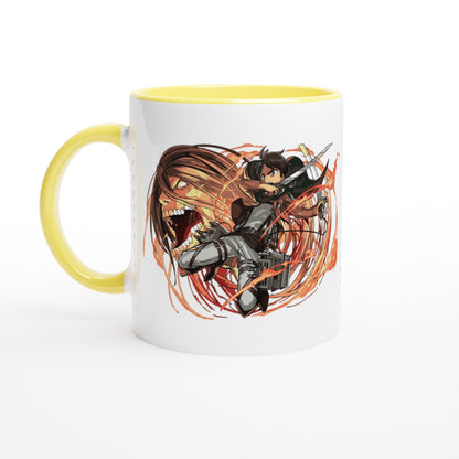 A white ceramic mug features an illustration of Eren Yeager from Attack on Titan battling a titan.