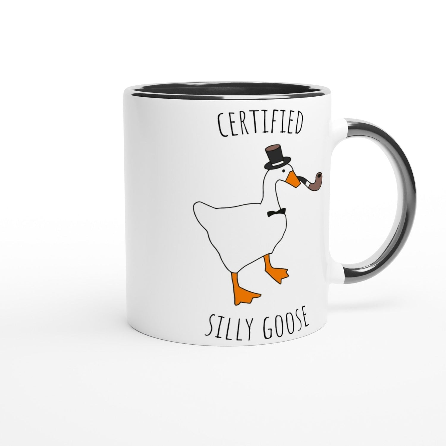 Mug with a goose illustration and text on a white background