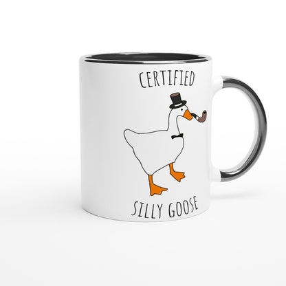 Mug with a goose illustration and text on a white background