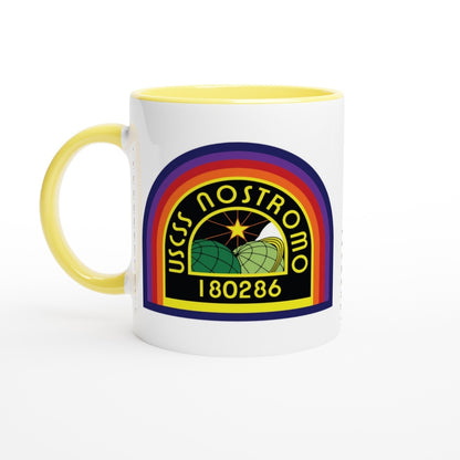 A white ceramic mug features a rainbow-colored logo for the USCSS Nostromo from the Alien movie universe.