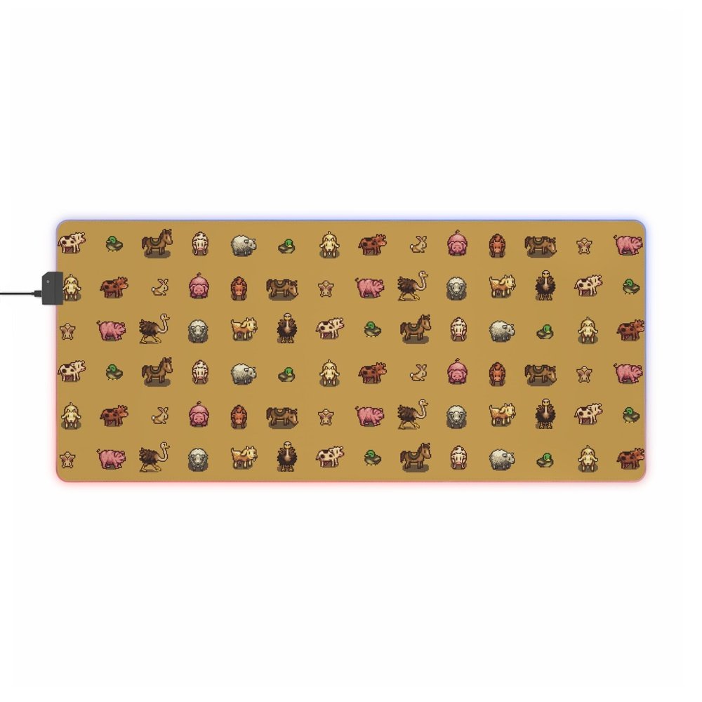 Stardew Valley Animals Desk Mat | Pixel Art on Yellow Background | LED Gaming Mouse Pad | Cosy Gaming | Desk Accessory