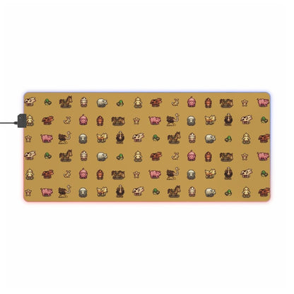 This rectangular LED gaming mouse pad features pixel art of animals from Stardew Valley on a yellow background.