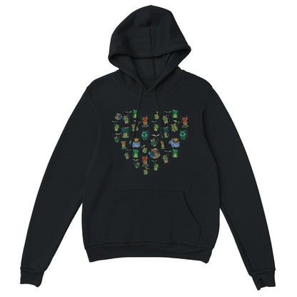 A black hoodie features a pattern of Korok characters from The Legend of Zelda: Tears of the Kingdom and Breath of the Wild arranged in the shape of a heart.
