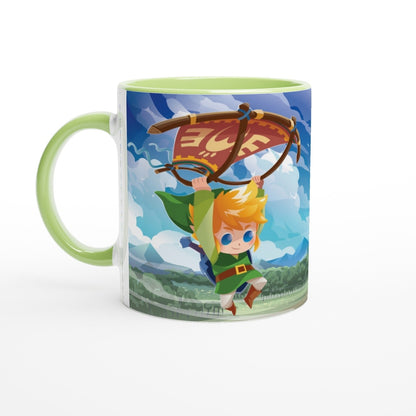 A white mug features a chibi Link from The Legend of Zelda soaring through a Hyrule landscape on a paraglider, displaying the Triforce symbol.