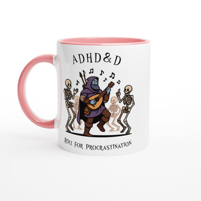A white mug with a pink handle features an illustration of a D&D bard playing music for dancing skeletons and reads "ADHD & D" and "Roll For Procrastination.