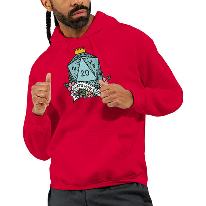 A man wearing a red D&D hoodie displays a graphic of dice including a D20 and text reading "That's How I Roll" on the chest.