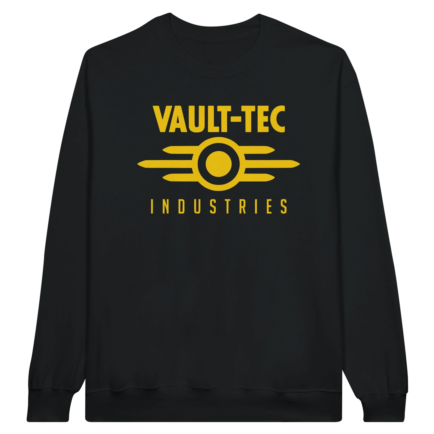 Black sweatshirt with yellow 'Vault-Tec Industries' logo on a white background
