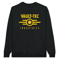 Black sweatshirt with yellow 'Vault-Tec Industries' logo on a white background