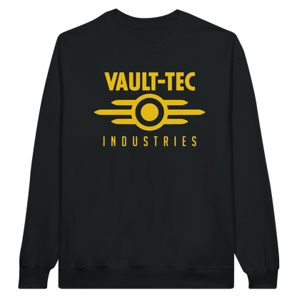 Black sweatshirt with yellow 'Vault-Tec Industries' logo on a white background