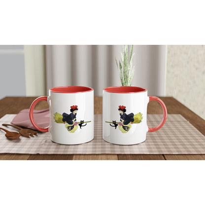 Two white mugs with red handles depict Kiki from Kiki's Delivery Service riding a flying broomstick with her cat Gigi, inspired by Studio Ghibli.