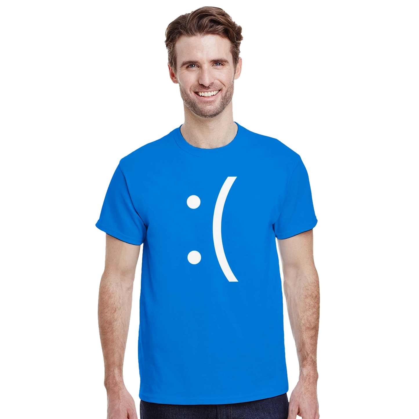 A man wearing a blue Gildan® 5000 unisex crewneck t-shirt displays a white emoticon graphic on the front.