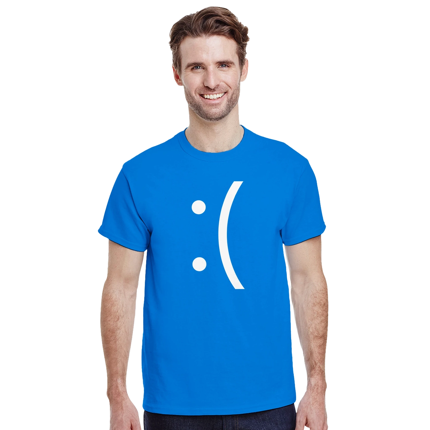 A man wearing a blue Gildan® 5000 unisex crewneck t-shirt displays a white emoticon graphic on the front.