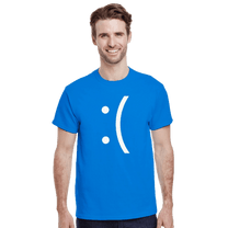 A man wearing a blue Gildan® 5000 unisex crewneck t-shirt displays a white emoticon graphic on the front.