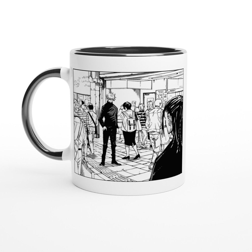 A ceramic mug displays a black and white manga panel depicting Satoru Gojo and Suguru Geto in a crowded train station scene from Jujutsu Kaisen.