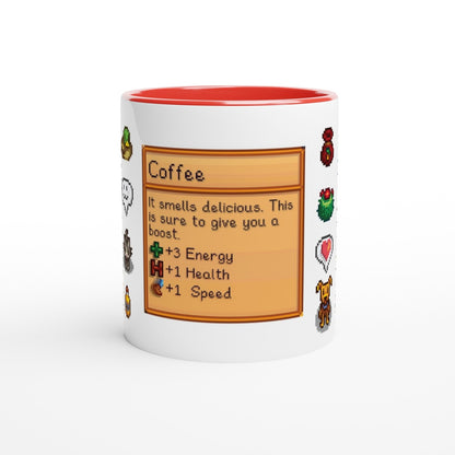 A white mug with a red rim features a Stardew Drinks pattern including pixelated sprites and a "Coffee" beverage card displaying stats for energy, health, and speed.