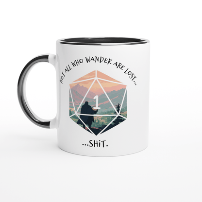 A white mug displays a D20 die graphic with a silhouetted figure standing on a mountain peak and text referencing a D&D survival check.