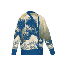 A long-sleeved knit cardigan featuring a blue and white Japanese art inspired design of The Great Wave.