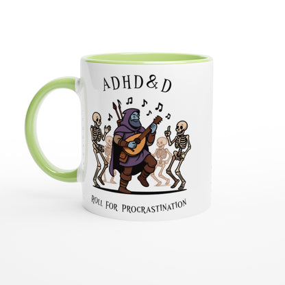 A white mug with a green handle features an illustration of a D&D bard playing music for dancing skeletons and reads "ADHD & D" and "Roll For Procrastination.