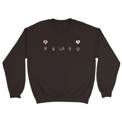 A grey unisex crewneck sweatshirt displays a graphic featuring characters and emotes from the Stardew Valley computer game.