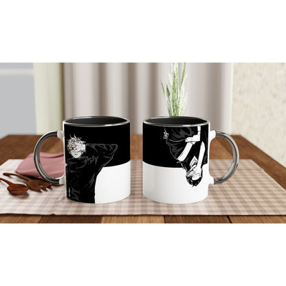 This Jujutsu Kaisen mug depicts a black and white illustration of Satoru Gojo facing Suguru Geto in a yin/yang design.