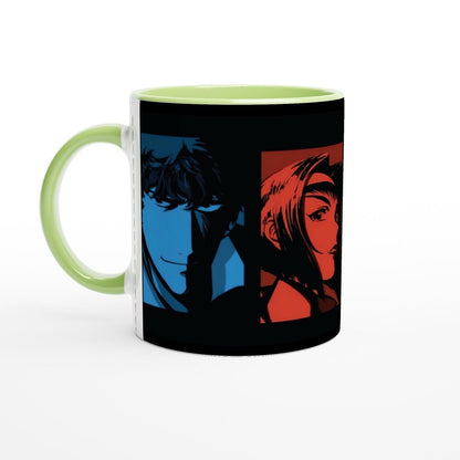 This Cowboy Bebop anime mug features colourful illustrations of two original series characters set within blue and red squares against a black background.