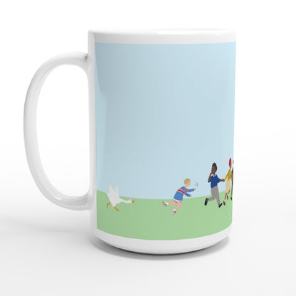 Large mug with a cartoon design of Untitled Goose chasing townsfolk outdoors