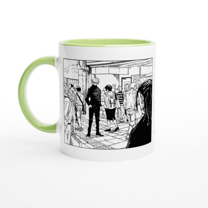 A white ceramic mug displays a black and white manga panel depicting Satoru Gojo and Suguru Geto from Jujutsu Kaisen in a crowded area.