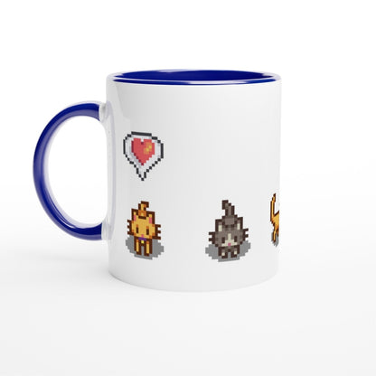 A white mug with a blue handle features pixelated graphics of ginger and tabby cats and emotes from Stardew Valley.