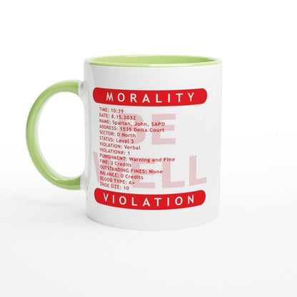A white mug displays a "Morality Violation Ticket" graphic referencing the movie Demolition Man, featuring details like time, name, and punishment for a verbal violation.
