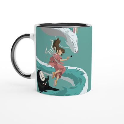 The white ceramic mug depicts characters Haku, Chihiro, and No-Face from Studio Ghibli's Spirited Away against a teal background.