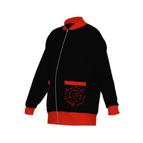 Three-quarter view of the BG3 Astarion inspired infernal runes knitted bomber jacket, black with red trim