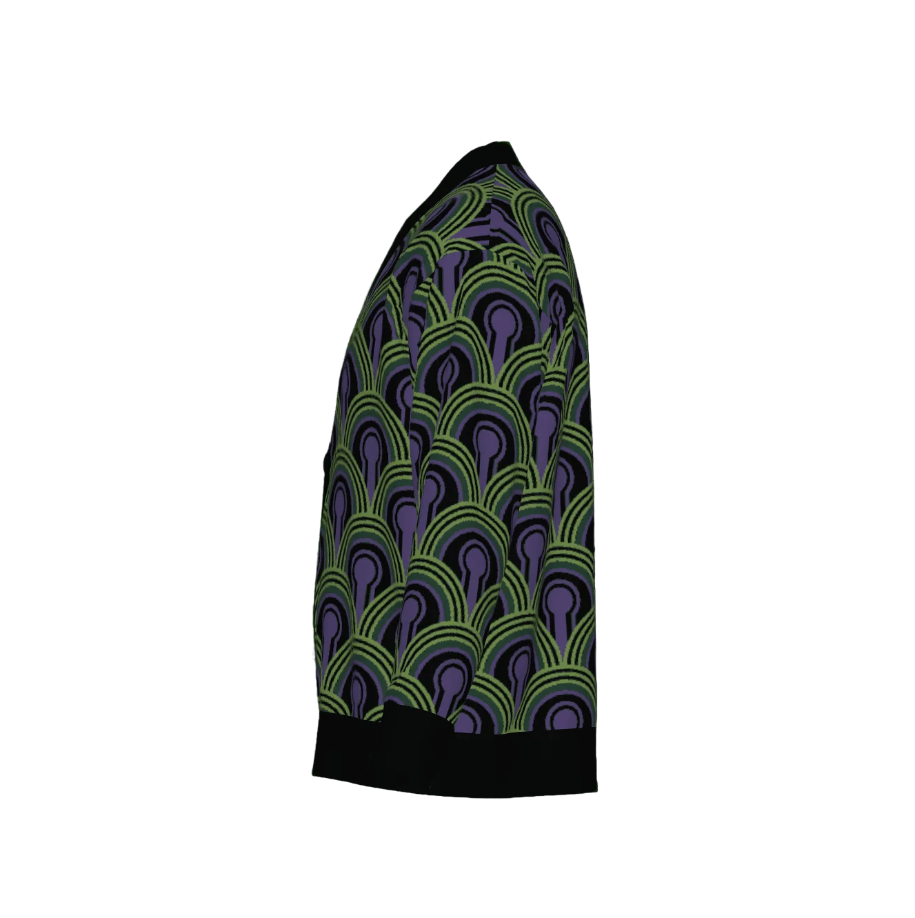 Room 237 Wallpaper pattern cardigan from The Overlook Hotel In Stephen King's The Shining. Green, purple and black knitwear on a white background.